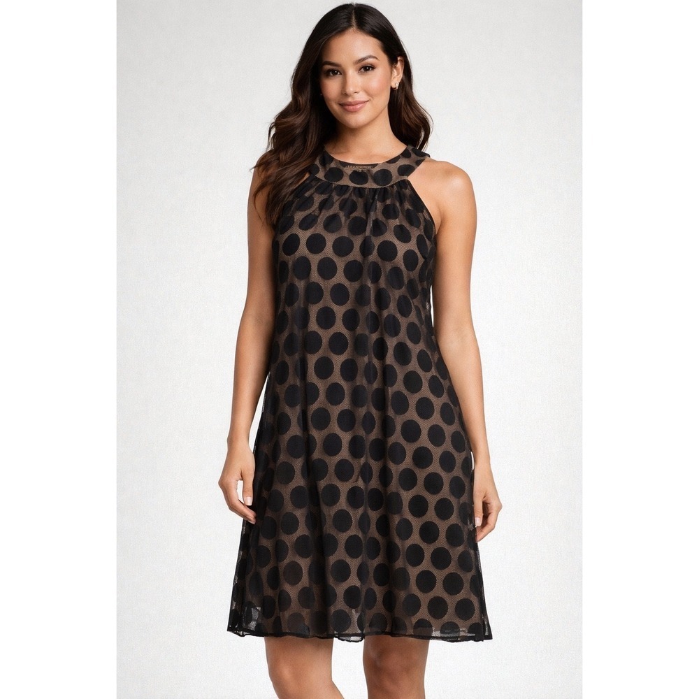 I.N. Studio Womens Black Polka Dot Mesh Overlay Halter A-Line Dress Tan Size 10